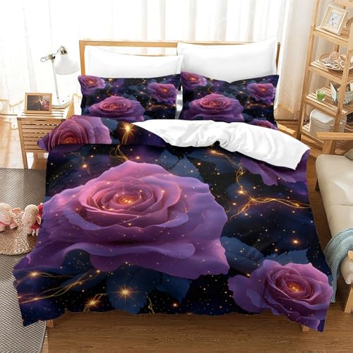 Parure de lit microfibre 140x200cm imprimé roses violettes 3D - 3