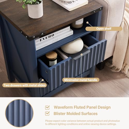 BuildHom Navy Blue Nightstand with Charging Station - 20 Inch Wide Farmhouse Fluted Bedside Table with 2 Drawers, Modern Wood End Side Table for Bedroom Study Storage Home - Image 3