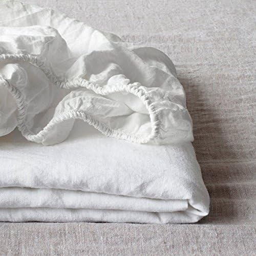 Simple&Opulence100% Linen Fitted Sheet Full(1 Piece), 14 Inch Deep Pocket Mattress Cover Natural French Flax Stone Washed Farmhouse Soft Breathable Bottom Sheets-White