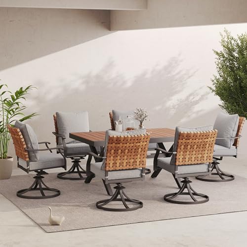 Image of Grand patio 7-Piece Outdoor Dining Set, 6 Leather-Look Wicker Swivel Patio Chairs & 1 Extendable Rectangular Dining Table, Brown