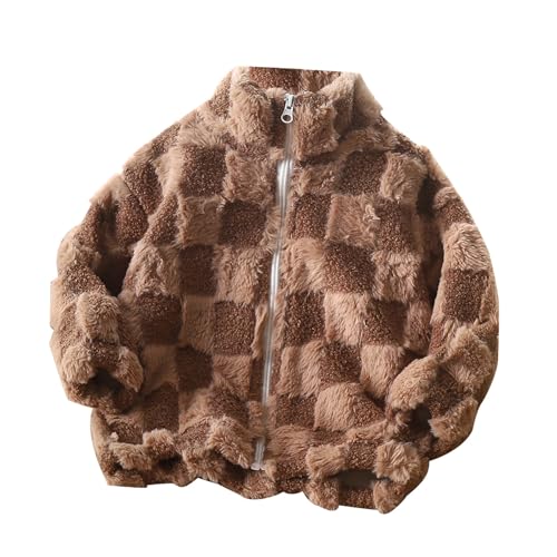 Image of NSQFKALL Boys Girls Plaid Plush Jackets Stand Collar Zip up Colour Block Thicken Fuzzy Warm Winter Outwear Coats