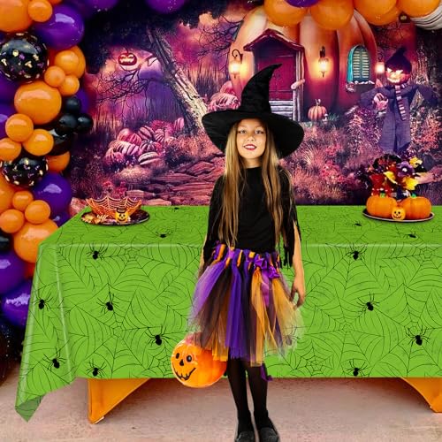Image of TREWAVE 3 Pack Halloween Spiderweb Tablecloth Rectangular Plastic Spider Web Table Cloth Large Size Table Covers for Home Decor Halloween Party Decorations 54 inch x 108 inch (Green)