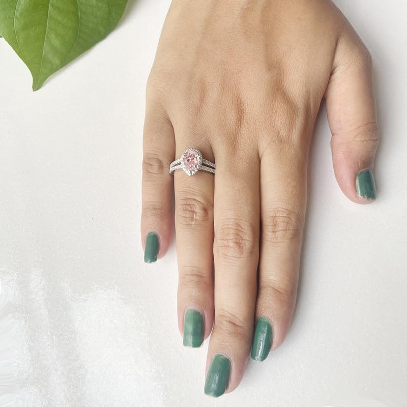 1.00 Carat Pear Cut Morganite & White Diamond Split Shank Halo Engagement Ring For Women, 14K Gold Plated 925 Silver September Birthstone Diamond Bridal Side Stone Ring