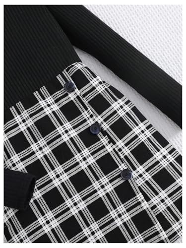 Girl's Plaid Print Button Front Mini Dress Crew Neck Long Sleeve Ribbed Knit Dresses3