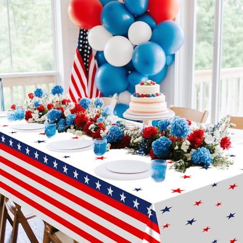 Image of Avezano 3 pcs 4th of July Tablecloth Patriotic Tablecloths Red White and Blue Plastic Table Covers Disposable 108 x 54 inch Fourth of July Decorations