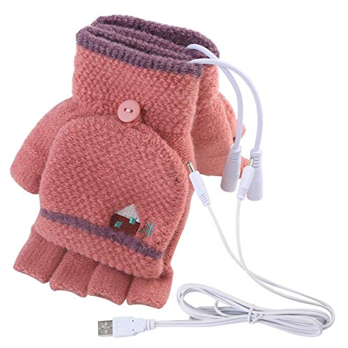USB Beheizte Handschuhe Fäustlinge, USB Handwärmer Winter Warm Vollfinger und Halbfingerlose Warme Hand Laptop USB Heizhandschuhe (Dunkelrot)