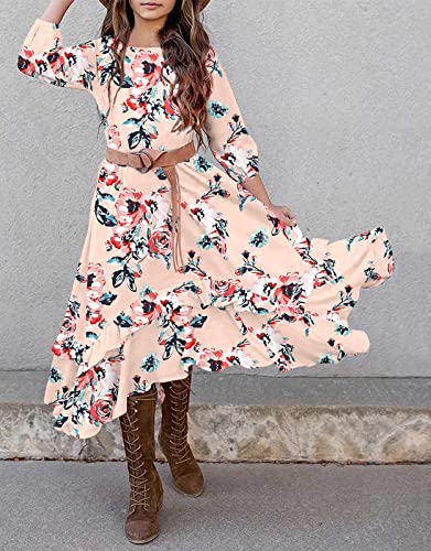 KYMIDY Girls Floral Maxi Dress Kids 3/4 Sleeve Boho Casual Pocket Ruffle Swing Dresses with Belt for Girls 6-12 Years3