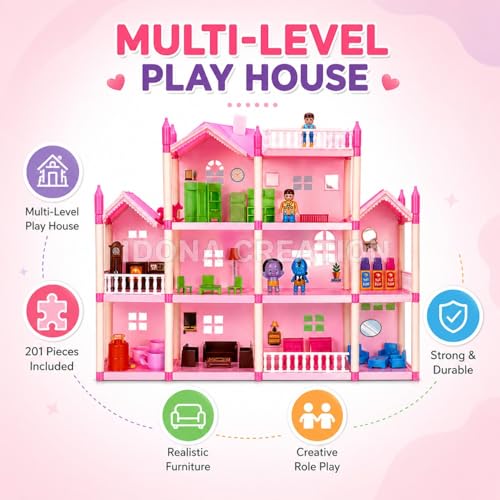 Image of DIY Doll House for Girls, 201 Pieces Multi-Level Play House with Furniture, Bedroom Kitchen Bathroom Living Room Set, Educational Pretend Play Toy for Kids Age 3+ Years, Pink
