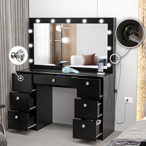 Boahaus Yara Large Bedroom Makeup Vanity Desk with Mirror and Lights, 7 Drawers, Glass Top, USB Port, Crystal Knobs, Black Big Vanity Makeup Desk, Built-in Lights, 56'' H x 46.3'' W x 14.6'' D