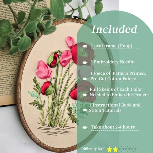 Image of FONNUY Ribbon Embroidery 3D Flowers Pattern Design Kit Embroidery DIY Handwork Set Oval Home Decoration (Red Rose)