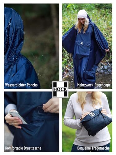 HOCK Regenponcho Extra Lang mit Kapuze – 100% Wasserdicht – Leichter Regenmantel Wandern für Damen & Herren (blau, L/XL)