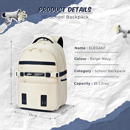 Image of Gear Elegant 19 inch /35L Large Water Resistant School Bag | Casual Backpack | Daypack | Travel Backpack | Kids Bag for Boys /Girls (Beige - Navy)