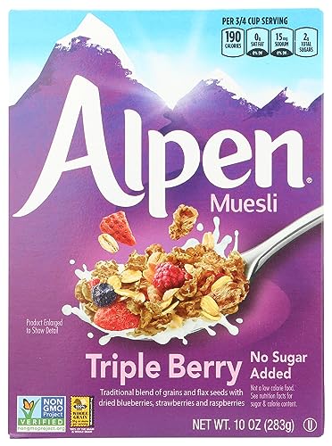Alpen Triple Berry No Sugar Added Muesli, Swiss Style Muesli Cereal, Whole Grain, Non-GMO Project Verified, Heart Healthy, Kosher, Vegan, Made With Real Fruit, No Sugar Added, 10 Oz Box