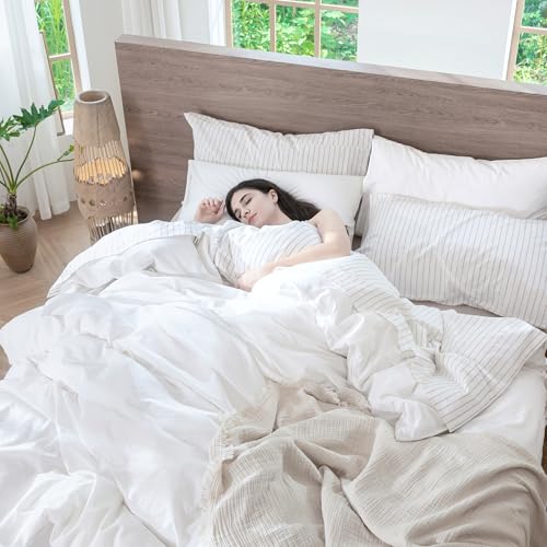 Image of MooMee Duvet Cover Set 100% Washed Cotton Linen Like Queen | Relaxed Linen-like Texture. Soft, Breathable & Long-lasting Comfort. Lightweight. Hidden Zipper with 8 Interior Corner Ties