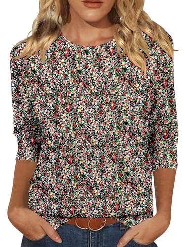 KISSMODA Tunic Tops for Women Loose Fit Dressy Round Neck Pleated 3/4 Length Sleeve Spring Tops