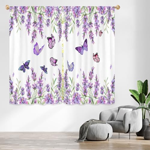 Famiffty Lavender Butterfly Purple Liac Spring Kitchen Curtains 42W X 63L Inch 2 Panels Rod Pocket Vintage Country Small Short Cafe Tier Curtains Beige Window Drapes Treatment Home Decor