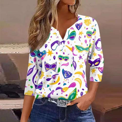 Mardi Gras Shirts for Women Sequin Bling Glitter Carnival Outfits 3/4 Sleeve Button Henley V Neck Shirts Tunic Tops2