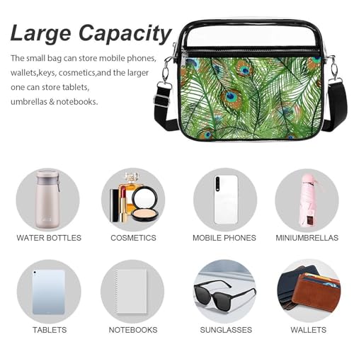 Peacok Feather Large Crossbody Bag Clear Stadium Bag Anti-Theft Side Shoulder Bags Messenger Bag with 2 Compartments3