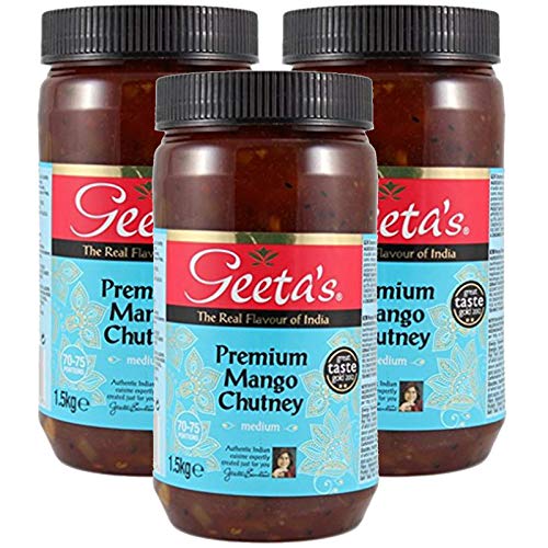 Geeta's Chutney de mango de alta calidad, tamaño mediano, 1,5 kg (paquete de 3), el verdadero sabor de la India, hecho con mangos indios y lleno de especias aromáticas, sin gluten, sin sabores ni