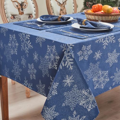 Rectangle Fancy Metallic Sparkling Snowflake Christmas Fabric Table Cloth red Hunter Gold Navy White Silver No-Iron Soil Resistant Woven Holiday Table Cover(Navy Silver/52x70Inch) – Image 5