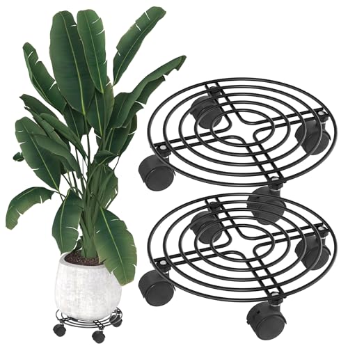 YRHome 2 Stück Pflanzenroller Metall Blumenroller Schwarz für Außenbereich & Innenbereich Blumentopf Untersetzer mit Rollen Pflanzen Caddy mit Rädern Pflanze Roller Basis - Rund Ø30cm - Bis 150KG