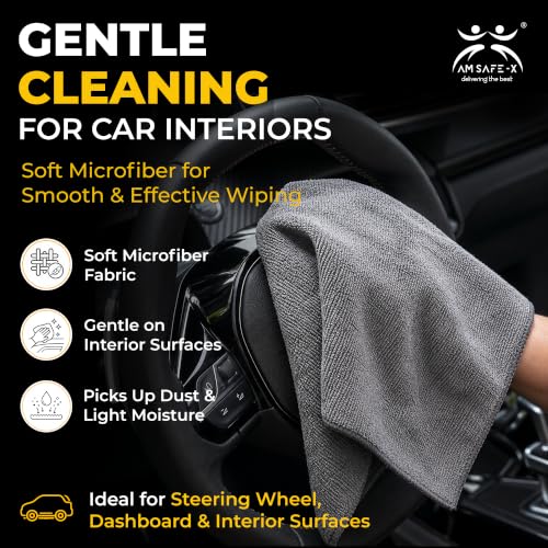 Image of AM Safe-X Premium Microfiber Cleaning Cloth 4Pcs 350 GSM 40x40cm Grey | Ultra Thick Dual-Sided Car Drying Towel | Super Absorbent, Lint-Free & Scratch-Free | Multipurpose Microfiber Cloth