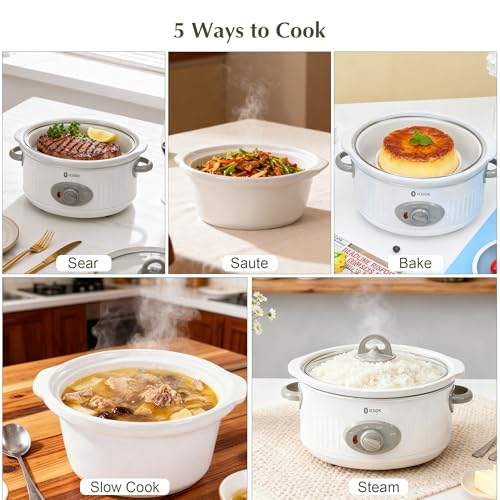 Image of 4.0 Quart Slow Cooker with Ceramic Nonstick Coating, 3 Heat Settings, Cool Touch Handles, Safe Tempered Glass Lid, Dishwasher Safe for Easy Cleanup, Ivory White