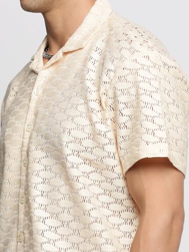 Image of SHOWOFFFF Men Solid Crochet Casual Shirt | Cuban Collar Half Sleeves Cotton Shirt for Mens | Relaxed Fit Regular Length Shirt for Men's
