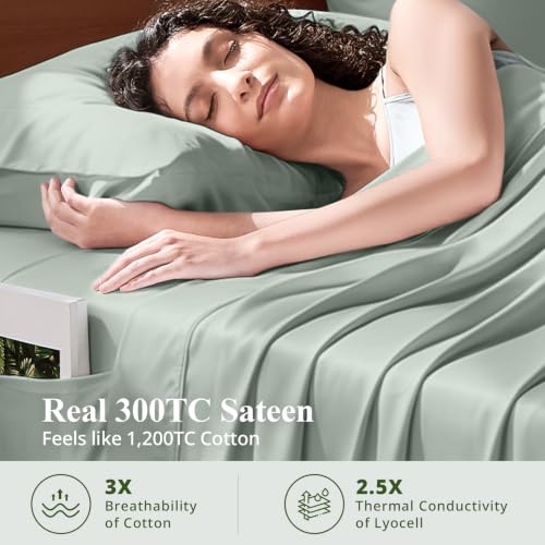 Image of King Size Sheet Set, Viscose Bamboo Sheets for Bed Set 4pcs, 100% Viscose Derived from Bamboo, Hotel Luxury Silky & Cooling for Hot Sleepers, Deep Pocket Up to 17 inch, Sea Glass