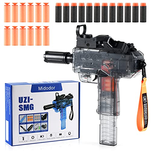 Midodor Uzi-SMG Suitable for Nerf Machine Gun Rapid fire Automatic Toy Gun for Boys Girls Family Party 24 Bullets (12 Rounds + 12 Suction Cups),Full auto Toy Gun with Removable Magazine-Black