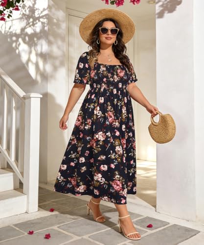 Image of RITERA Plus Size Dresses for Curvy Women Square Neck Short Sleeve Summer Floral Smocked Maxi Dress with Pocket XL-5XL