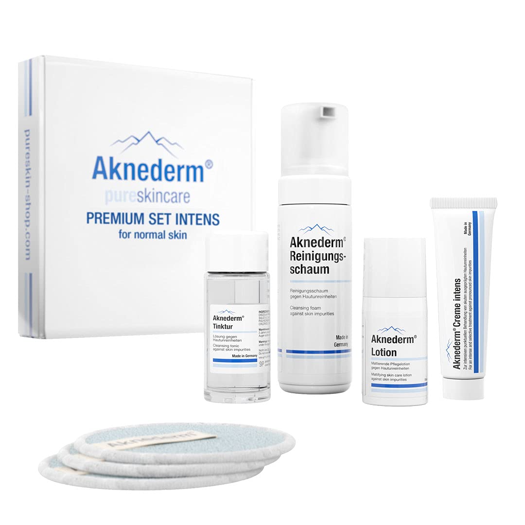 Aknederm Premium Set Intens for Normal Skin - Set with Tincture/Cleansing Foam/Lotion/Cream Intens & Cleansing Pads - Natural Skincare Set - Ideal for Acne Treatment 230 ml