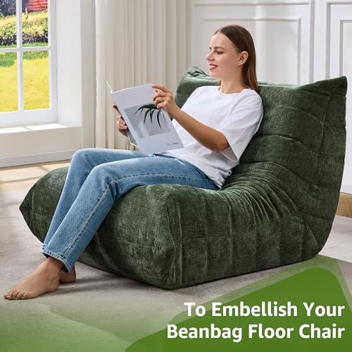 Image of Hobestluk Adults Bean Bag Chair Faux Fur BeanBag Couch for Living Room | Green Chenille,Ergonomic Design,Memory Foam,UltraSoft,Anti-slip Bottom,No Assembly Required,Decorative Style for Living Room