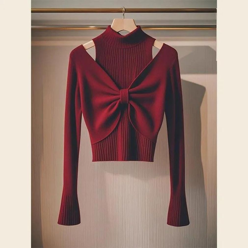 Women's Semi-High Collar Long-Sleeved Solid Color Bow Pleated Knitted Sweater Pullover Top