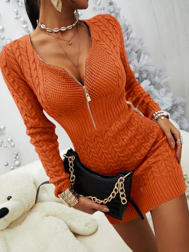 Image of Veatzaer Womens Zip V Neck Long Sleeve Cable Knit Mini Sexy Sweater Dressse