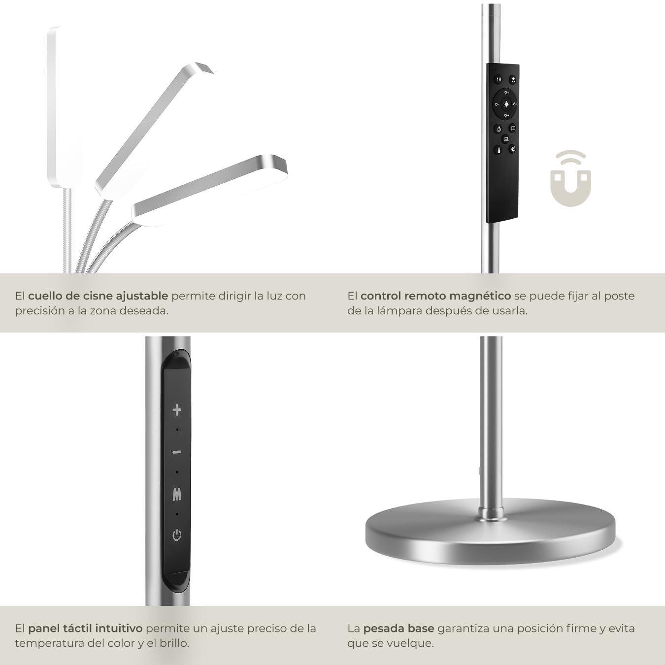 tectake® Lampara de Pie, Regulable, Cuello de Cisne Flexible, 5 Modos de Iluminación, Lampara Lectura, Temperatura de Color Variable, Mando, Lampara Led Ideal para Dormitorio y Salón - Plateado