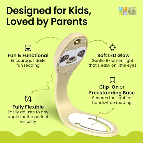 Image of Gifts for Readers & Writers Book Light, Clip On Reading Light for Bed, 2in1 Flexilight & Bookmark, Small & Lightweight with a Soft Glow, 2 Batteries Included, Sloth
