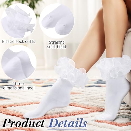 Image of Geyoga 3 Pairs Women Big Ruffle Socks Turn Cuff, Double Lace Ankle Cotton Frilly Socks for Ladies Summer