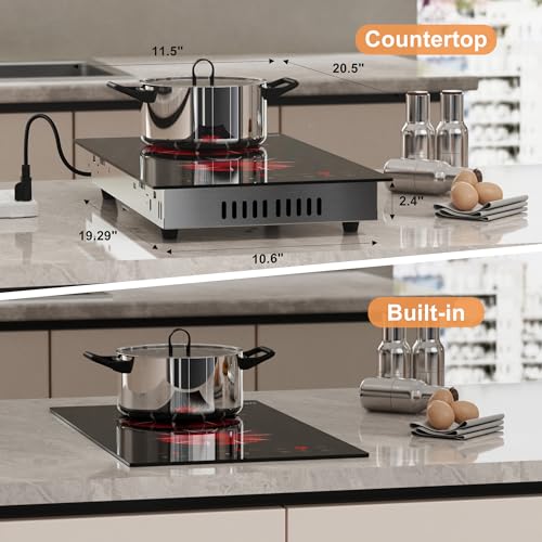 Image of 2 Burner Electric Cooktop - 2000W 12 Inch Electric Stove Top Built-in & Countertop, 110V Portable Two Burner Electrical Cook Top with Safety Lock, 180-Min Timer, Touch Control, 110V Plug in