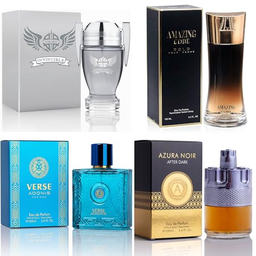 Mens Cologne Set, EDP, 4 Pack (3.4 oz / 100 mL), Amazing Code Gold, Verse Adonis Blue, AzuraAD, Invincible, Office Clean &amp; Confident, for workdays to weekends
