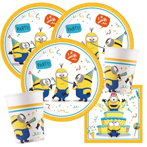 Procos Kit de fête – Minions – Rise of Gru, 36 pièces, assiettes en carton, gobelets en carton, serviettes pour anniversaire d'enfant