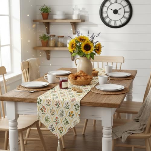 Image of COZY FURNISH Luxury Floral Table Runner for Dining Table - Soft Microfiber Cotton Bed Runner with Tassels | Decorative Runner for Kitchen, Bedroom & Centre Table
