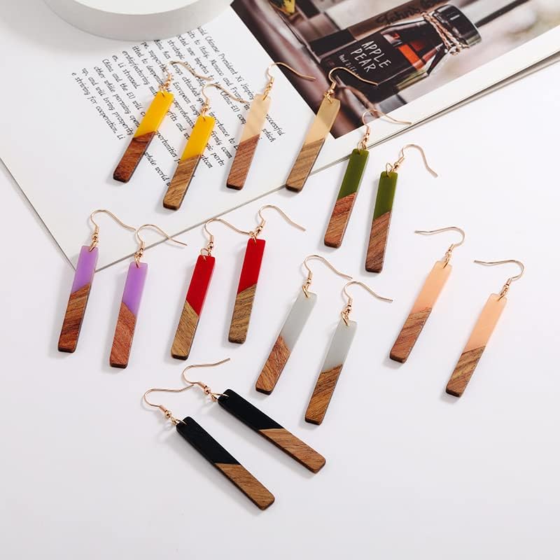Retro Wooden Resin Geometric Bar Drop Dangle Earrings Two Tone Handmade Natural Wood for Women Lightweight Bohemian Statement Jewelry - Image 4