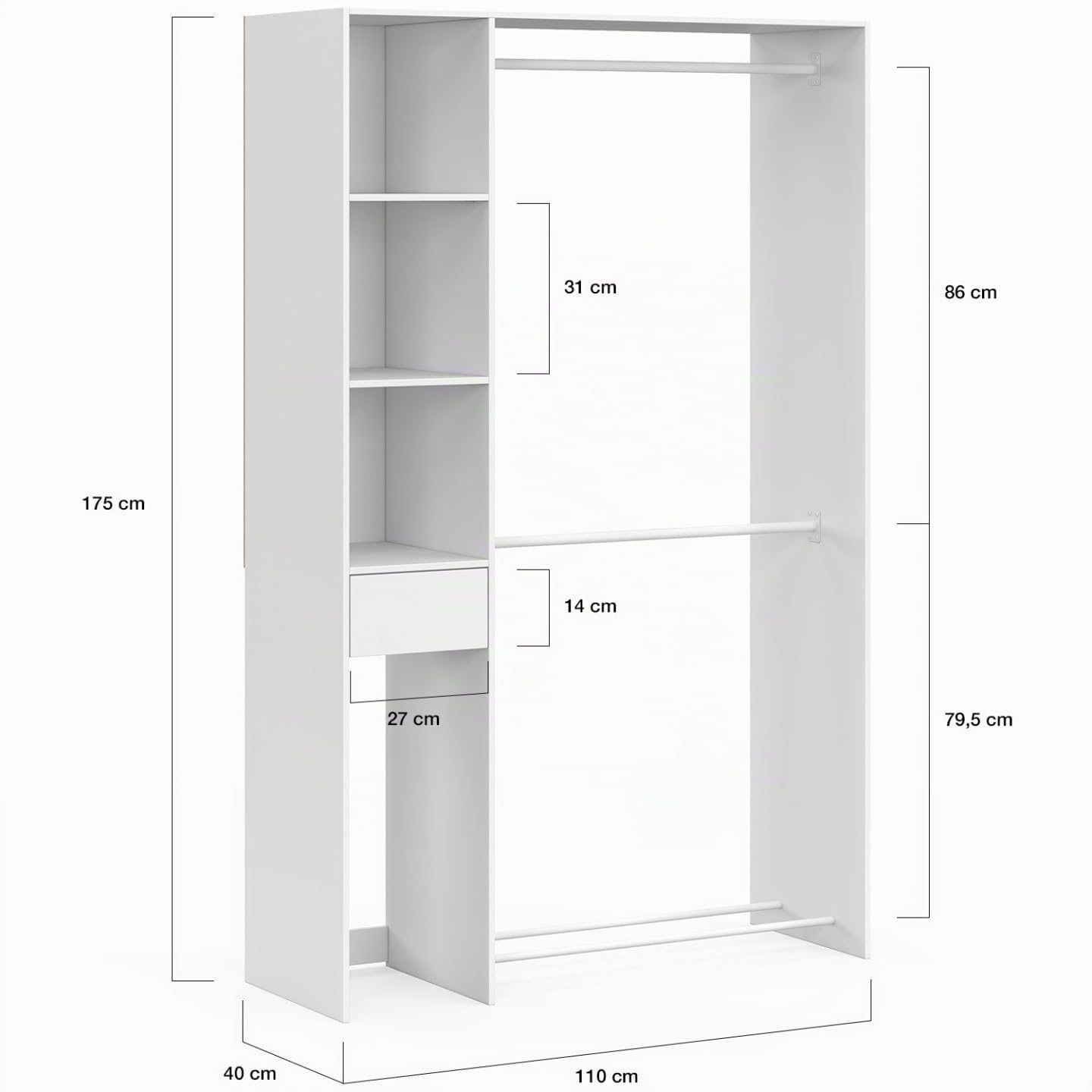 IDMarket - Armoire double L. 110 cm MIRTY avec étagères + tiroir + étagères à chaussures, blanc