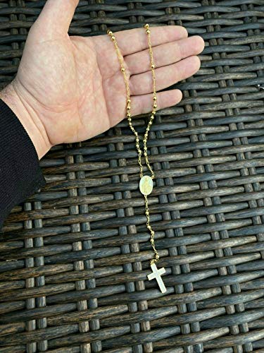 HarlemBling Solid 925 Sterling Silver - Baguette Cross Rosary Beads -14k Yellow Gold Finish - 4mm 24" Men's Rosario Necklace3