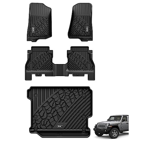 3W Floor Mats&Cargo Liner Fit for Jeep Wrangler JL 2018-2024 2025 Unlimited 4 Door Without Subwoofer (Non JK or 4XE) All Weather TPE Floor Liner for 1st 2nd Row & Trunk Mats Full Set Car Mat