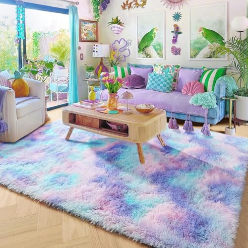 Amdrebio Purple Rainbow Area Rugs for Bedroom Girls Room Decor, Colorful Mermaid Stitch Frozen Kids Rugs for Playroom Nursery Dorm, Fluffy Furry Cute Shag 3x5 Small Kawaii Carpet for Baby Toddler