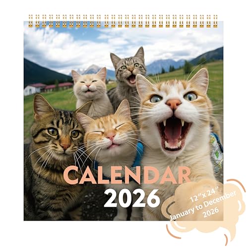 ADUN Stationery 2026 Cat Selfies Wall Calendar | Sweet Multi-Breed Cats & Kittens Calendar | 12 Month | 12 x 24 Open | Thick & Sturdy Paper | Gift for Cat Lovers Men Women Kids