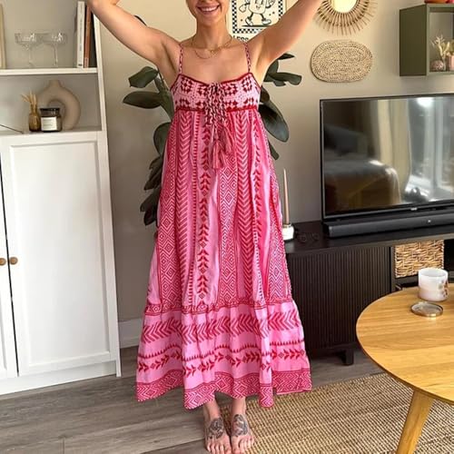 Women Boho Maxi Dress Crochet Patchwork Sleeveless Long Flowy Swing Dress Pink Beach Sundresses3