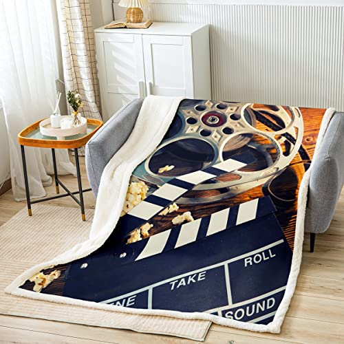 Movie Theater Theme Throw Blanket Vintage Film Clapper Theme Fleece Blanket For Kids Child Boys Girls,Filmstrip Printed Blanket Retro Cinema Fuzzy Blanket 40"X50",Cinema Scenes Movie Theater Decor #TOP1